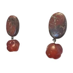 Vintage natural stone red brown Jasper and Carnelian clip on dangle earrings